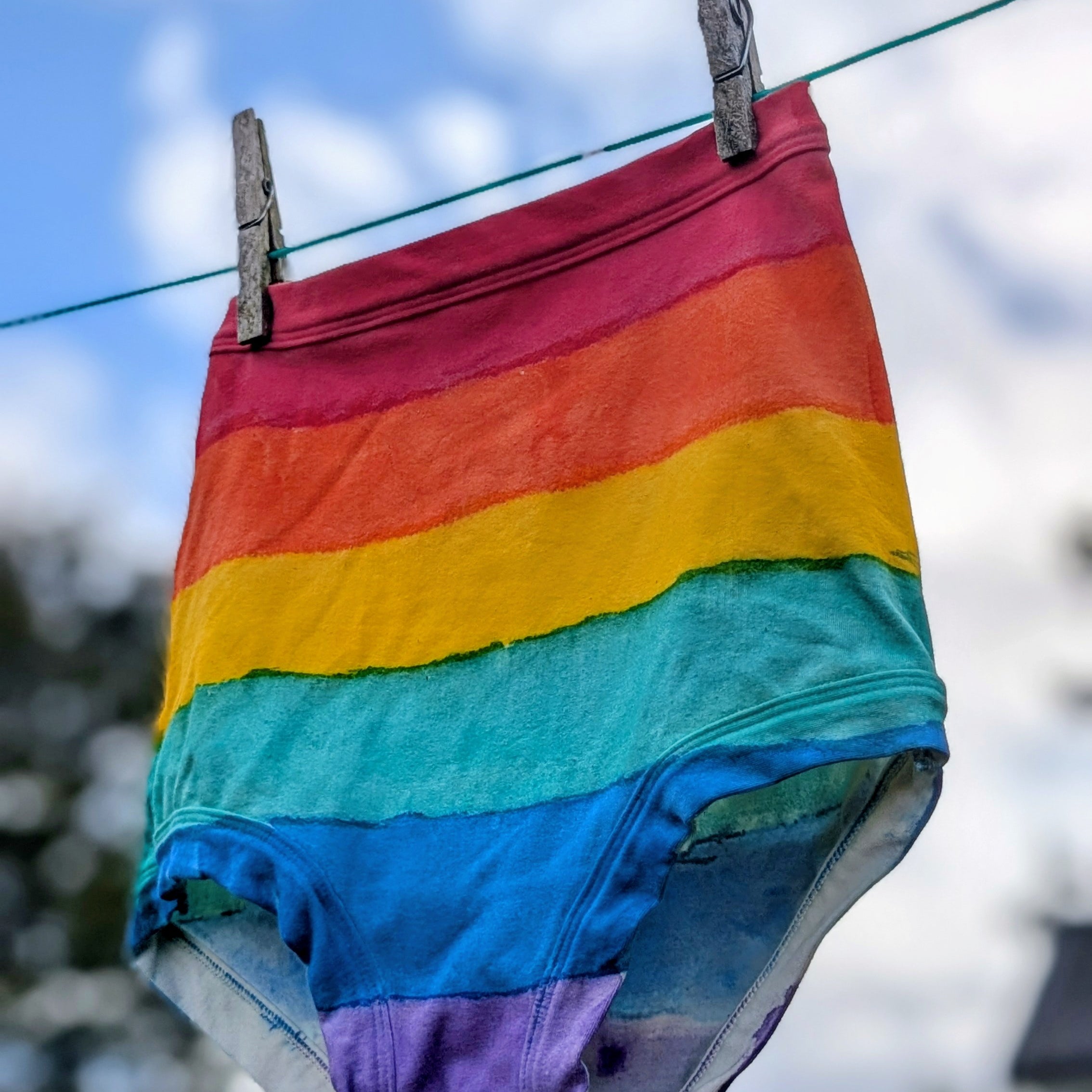 Rainbow-striped underwear hanging from a clothesline outdoors with two wooden clothespins, against a blurred sky and trees background.
