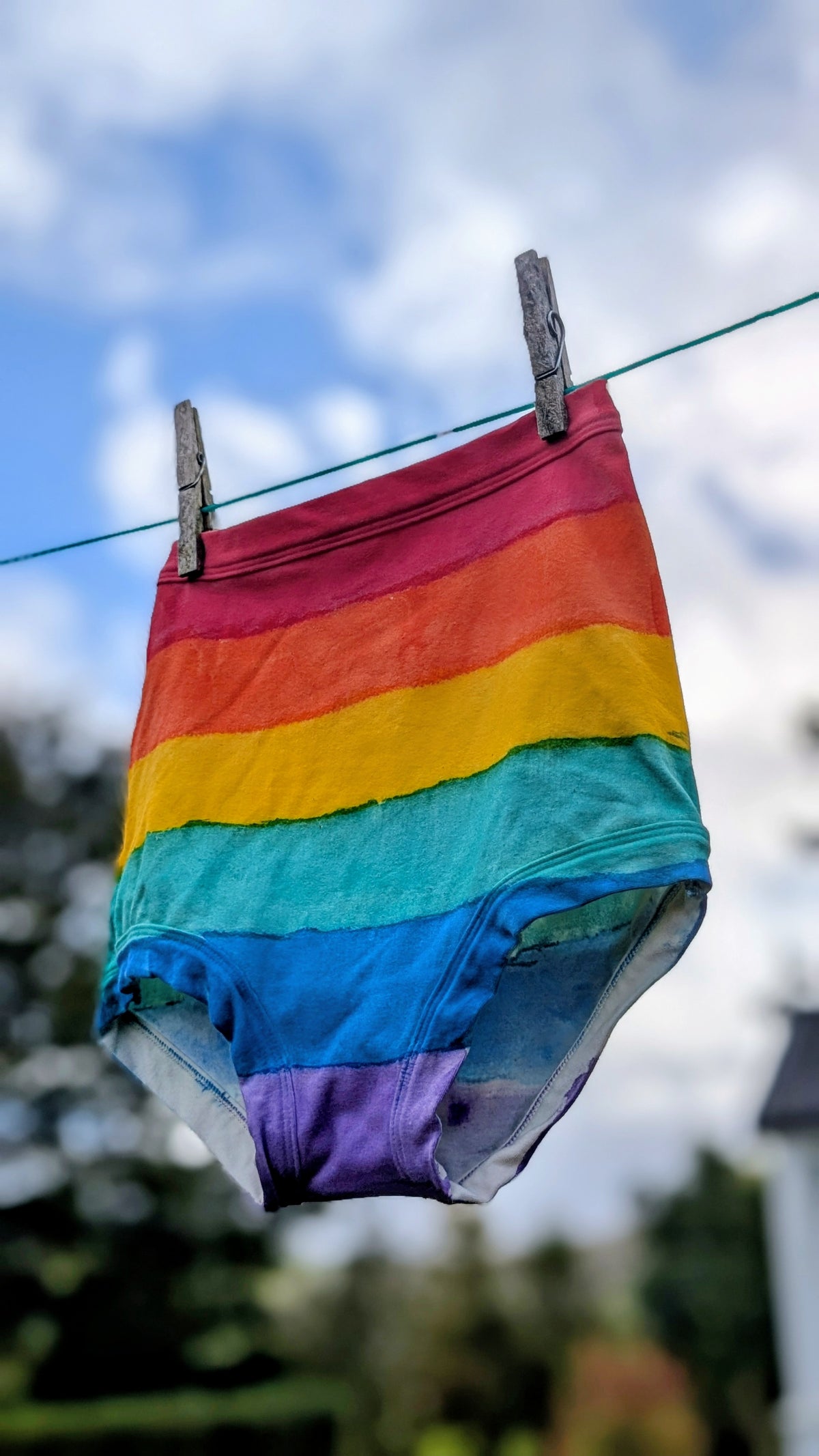 Rainbow-striped underwear hanging from a clothesline outdoors with two wooden clothespins, against a blurred sky and trees background.